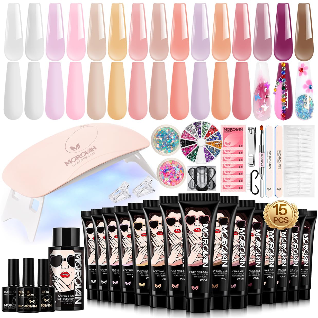 Poly Gel Nail Kit for Beginners: 15 Colors Gel Extension Nail Starter Kit with S