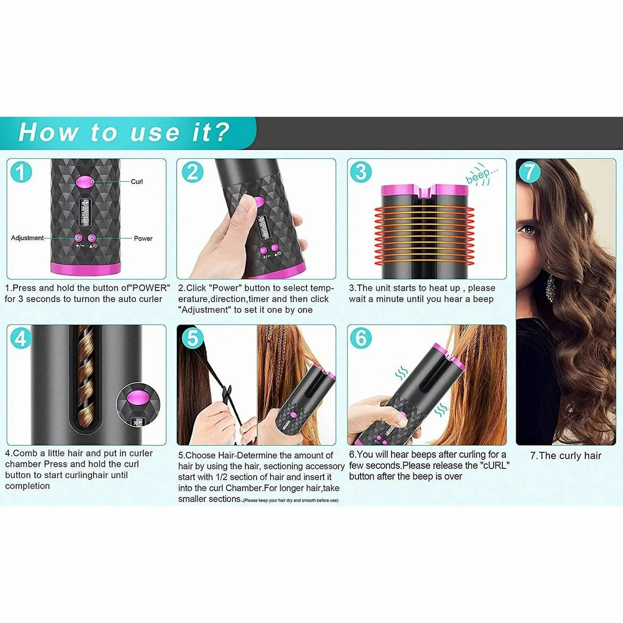 Portable Automatic Hair Curler, Ceramic Rotating Wireless Auto Curling Iron Wand,  Portable USB Rechargeable Spin Curler for Hair Styling (Black)