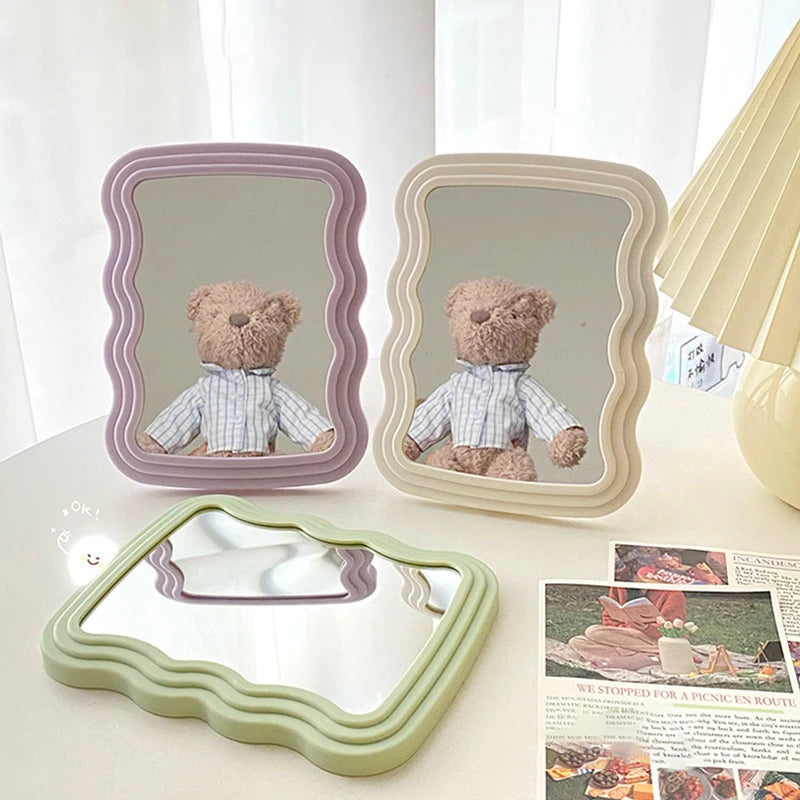 Corrugated Desktop Makeup Mirror Solid Color Simple Portable Handheld Makeup Mirror Foldable Student Compact Cute Mirror