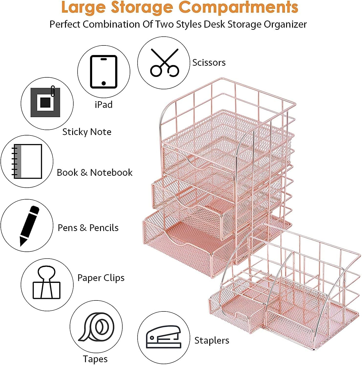 Desk Organizers Set and Accessories for Women with Drawer,Desk Supplies and Stationary Oganizer for Home and Office Desk Decor, Metal Mesh Desk Organization and Storage (Rose Gold)