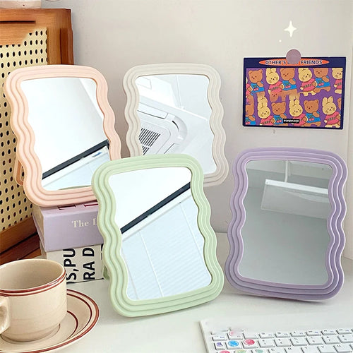 Corrugated Desktop Makeup Mirror Solid Color Simple Portable Handheld Makeup Mirror Foldable Student Compact Cute Mirror