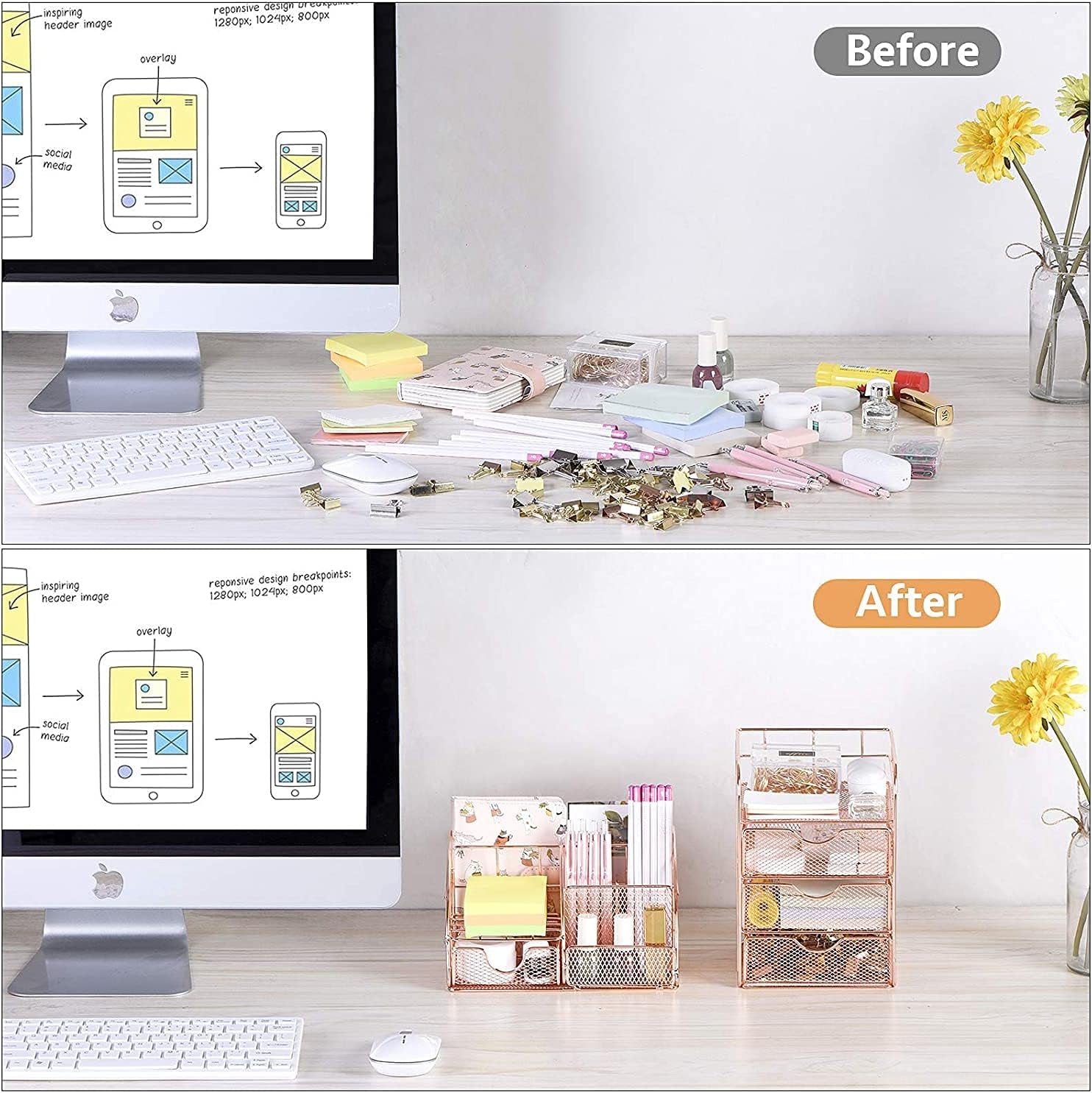 Desk Organizers Set and Accessories for Women with Drawer,Desk Supplies and Stationary Oganizer for Home and Office Desk Decor, Metal Mesh Desk Organization and Storage (Rose Gold)