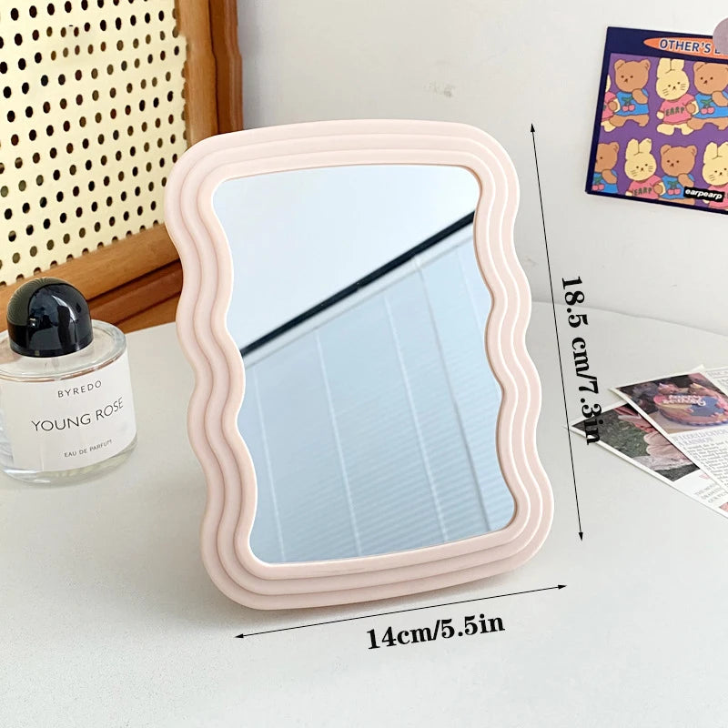 Corrugated Desktop Makeup Mirror Solid Color Simple Portable Handheld Makeup Mirror Foldable Student Compact Cute Mirror